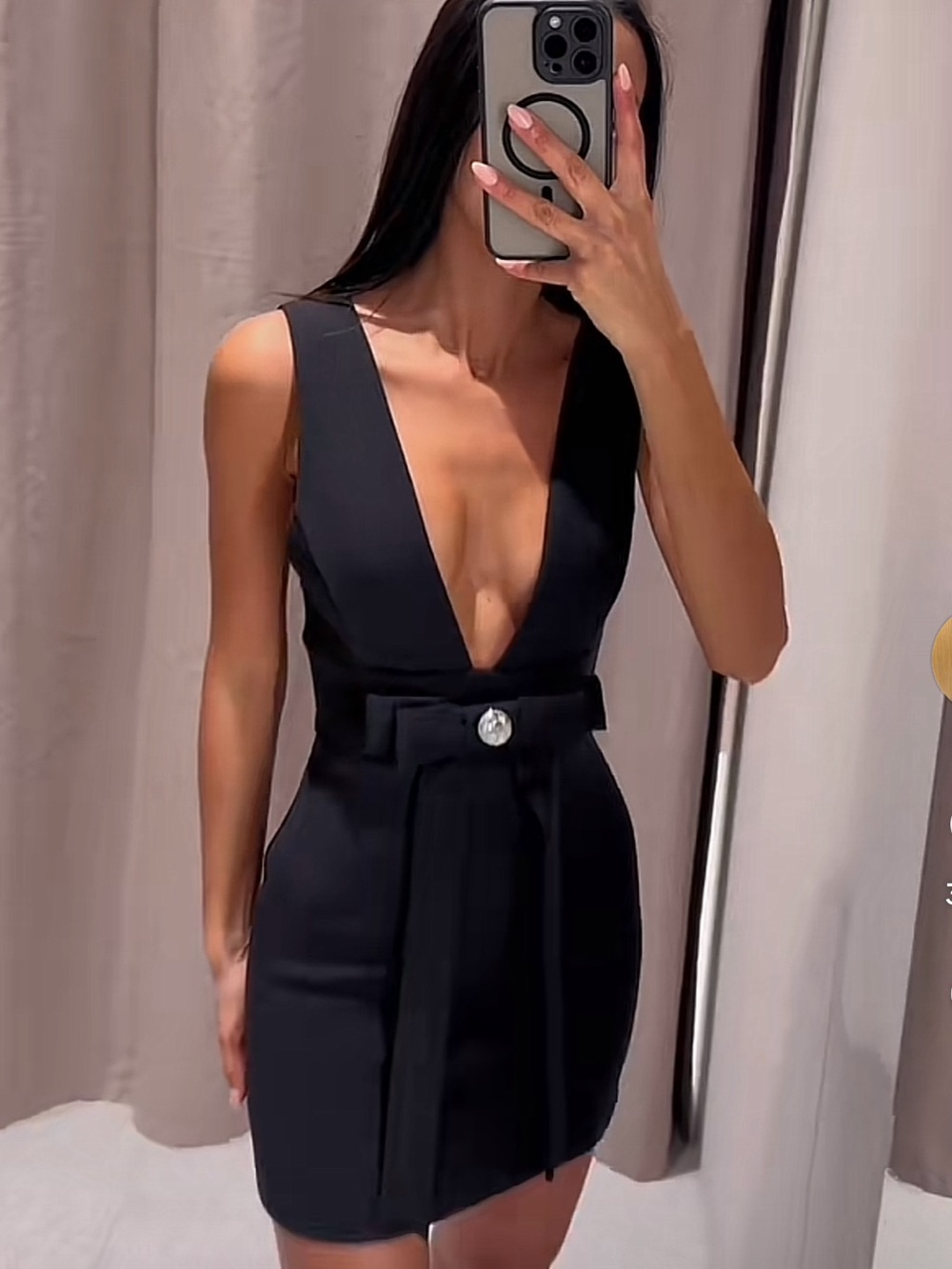Zara Black Deep V Mini Dress with Waist Bow
